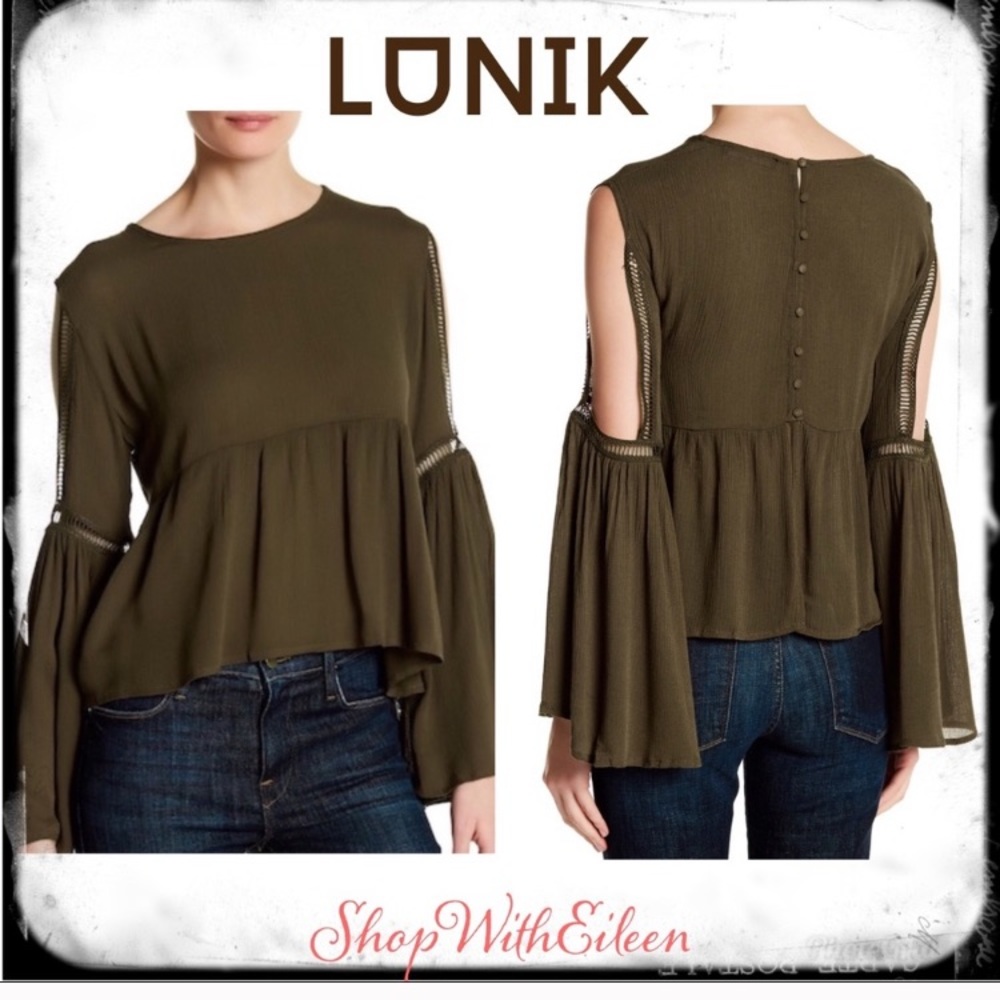 Lunik Brown Cold Shoulder Chocolate Brown Babydoll Bell Sleeve Top